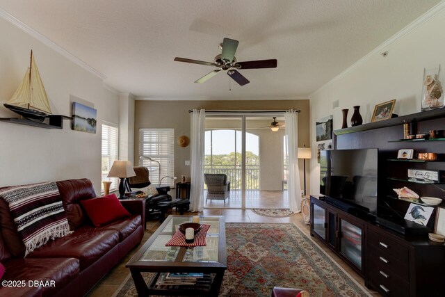 146 Palm Coast Resort Blvd Unit 501, Palm Coast, FL 32137 - living area featuring a ceiling fan and ornamental molding