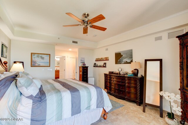 146 Palm Coast Resort Blvd Unit 501, Palm Coast, FL 32137 - bedroom featuring ornamental molding, a ceiling fan, and connected bathroom