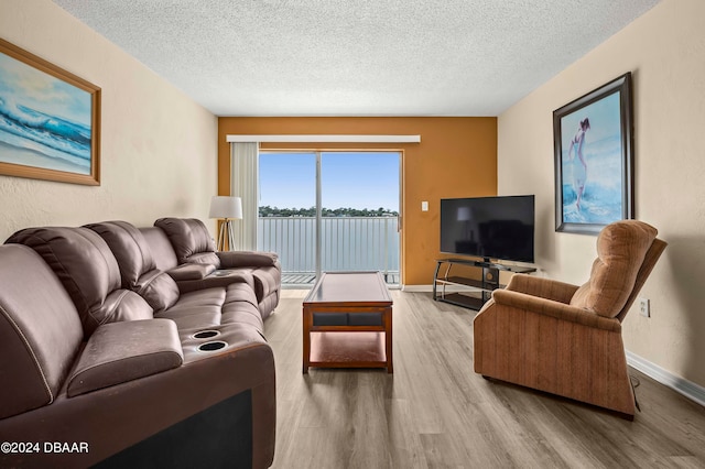 living room with a textured ceiling and hardwood / wood-style flooring