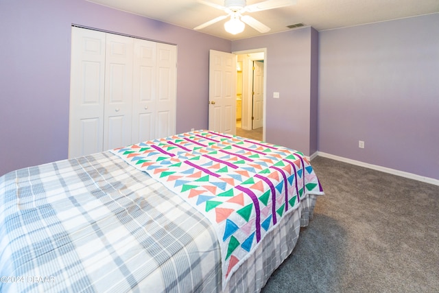 bedroom with ceiling fan, a closet, and carpet