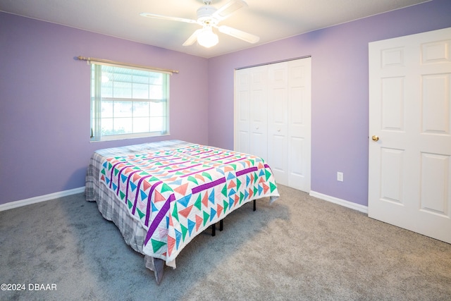 bedroom featuring carpet flooring, ceiling fan, and a closet