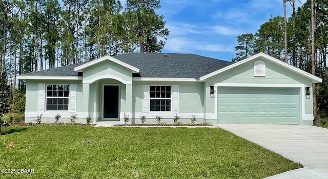 ranch-style home with a front yard, an attached garage, stucco siding, a shingled roof, and concrete driveway