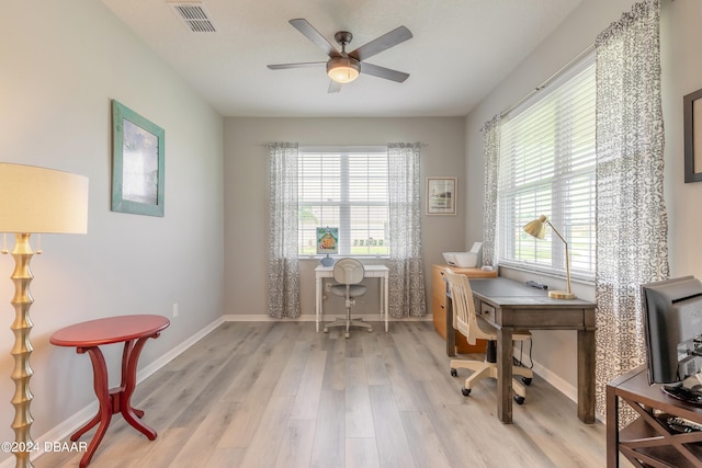 home office with baseboards, a wealth of natural light, visible vents, and light wood-style floors