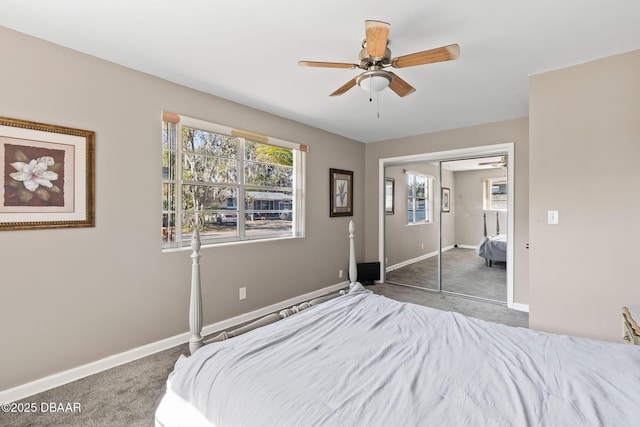 bedroom featuring ceiling fan, carpet floors, and a closet