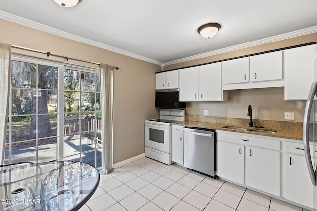 kitchen with electric stove, stainless steel dishwasher, sink, and white cabinets