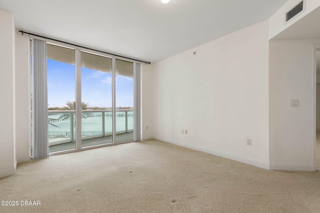 unfurnished room with carpet, visible vents, a wall of windows, and baseboards