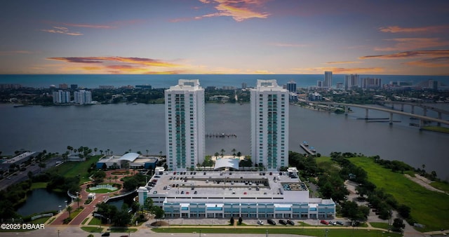 birds eye view of property featuring a water view and a view of city