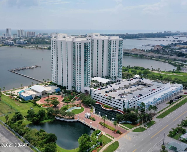 aerial view featuring a water view and a city view