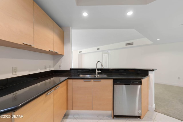 kitchen featuring light carpet, dishwasher, a peninsula, a sink, and recessed lighting