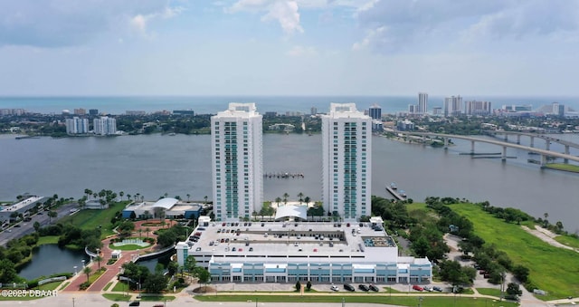 bird's eye view with a water view and a city view