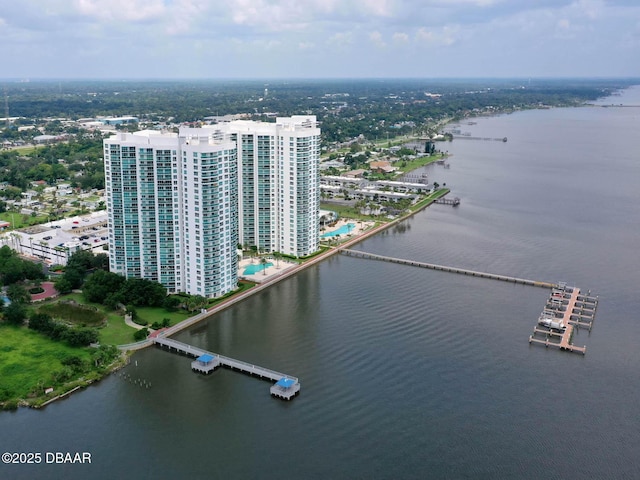 drone / aerial view with a view of city and a water view