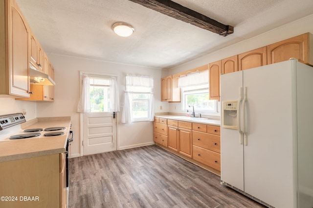 kitchen featuring light brown cabinets, sink, white appliances, and a textured ceiling