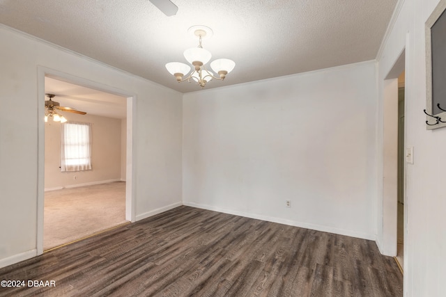 unfurnished room with ceiling fan with notable chandelier, a textured ceiling, dark hardwood / wood-style flooring, and crown molding