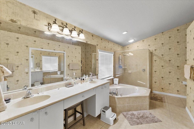 684 Aldenham Ln, Ormond Beach, FL 32174 - bathroom with healthy amount of natural light, a bath, double vanity, a stall shower, and lofted ceiling