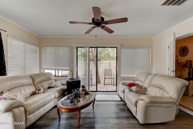 144 Herring Gull Ct, Daytona Beach, FL 32119 - living room featuring ceiling fan, wood finished floors, and crown molding
