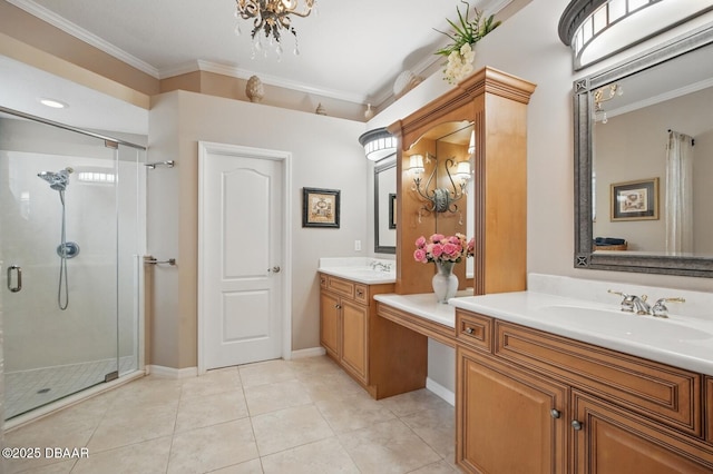 109 Edward Dr, Palm Coast, FL 32164 - full bathroom with a shower stall, ornamental molding, tile patterned flooring, two vanities, and a chandelier