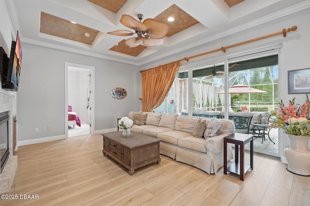 109 Edward Dr, Palm Coast, FL 32164 - living room featuring coffered ceiling, ceiling fan, light wood-style flooring, recessed lighting, and beamed ceiling