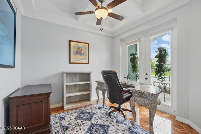 109 Edward Dr, Palm Coast, FL 32164 - home office with coffered ceiling, a ceiling fan, ornamental molding, and beam ceiling