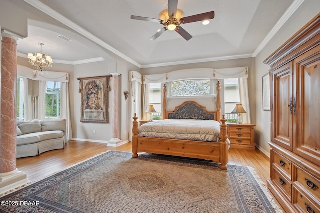 109 Edward Dr, Palm Coast, FL 32164 - bedroom featuring light wood finished floors, multiple windows, a chandelier, a tray ceiling, and ornamental molding
