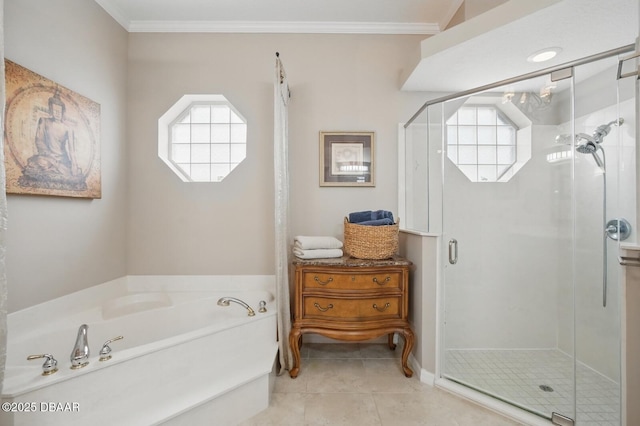 109 Edward Dr, Palm Coast, FL 32164 - full bathroom with healthy amount of natural light, a shower stall, tile patterned flooring, a bath, and ornamental molding