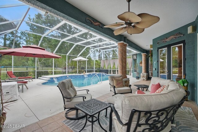 109 Edward Dr, Palm Coast, FL 32164 - view of pool featuring an outdoor hangout area, a patio, a ceiling fan, and a lanai