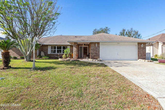 single story home featuring a front yard and a garage