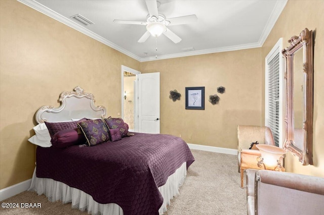 bedroom with ornamental molding, light colored carpet, and ceiling fan