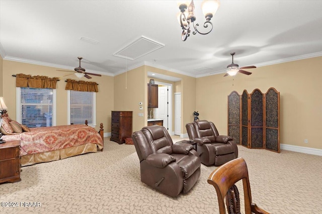 bedroom with ceiling fan, crown molding, and carpet floors