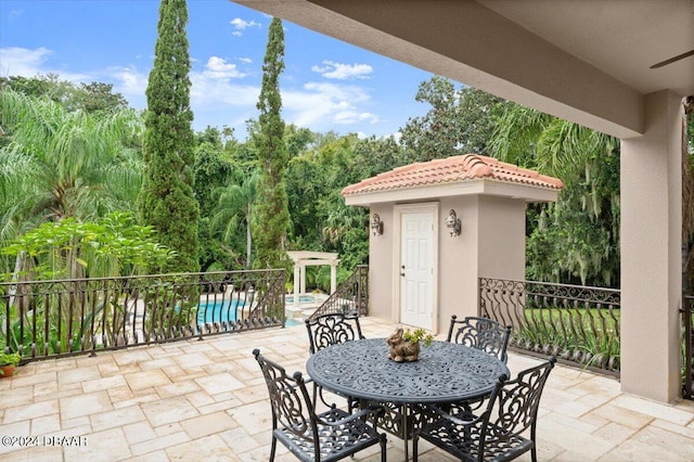 view of patio with an outbuilding and a fenced in pool