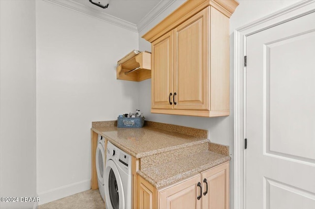 washroom with cabinets, separate washer and dryer, crown molding, and light colored carpet