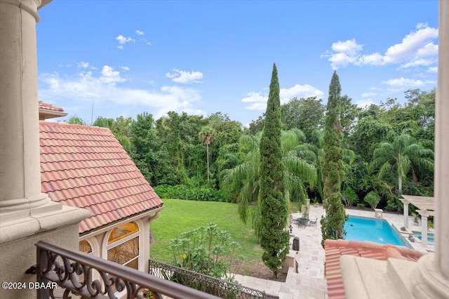 view of swimming pool with a yard and a patio area