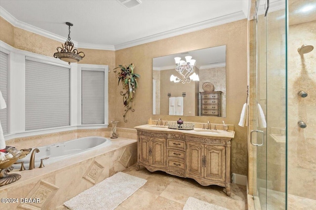 bathroom with vanity, shower with separate bathtub, a chandelier, and ornamental molding