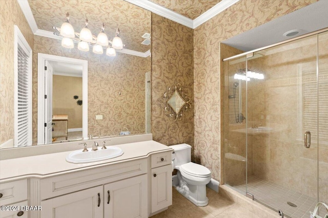 bathroom with walk in shower, vanity, tile patterned floors, and crown molding