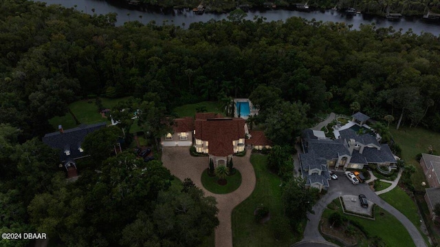 aerial view featuring a water view