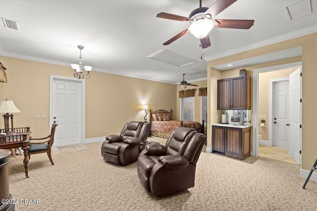 living room with crown molding and a notable chandelier