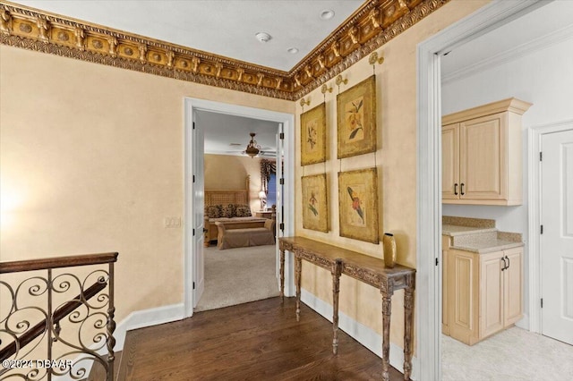 hall with dark hardwood / wood-style floors and ornamental molding