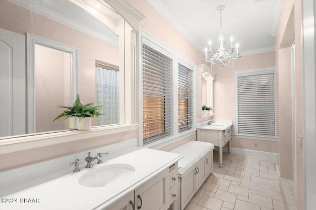 bathroom featuring a chandelier, vanity, tile patterned flooring, and crown molding