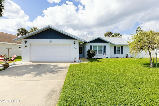 ranch-style house with driveway, a garage, fence, a front yard, and stucco siding