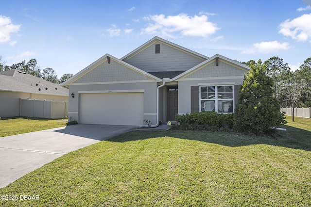 view of front of house featuring concrete driveway, an attached garage, fence, and a front yard