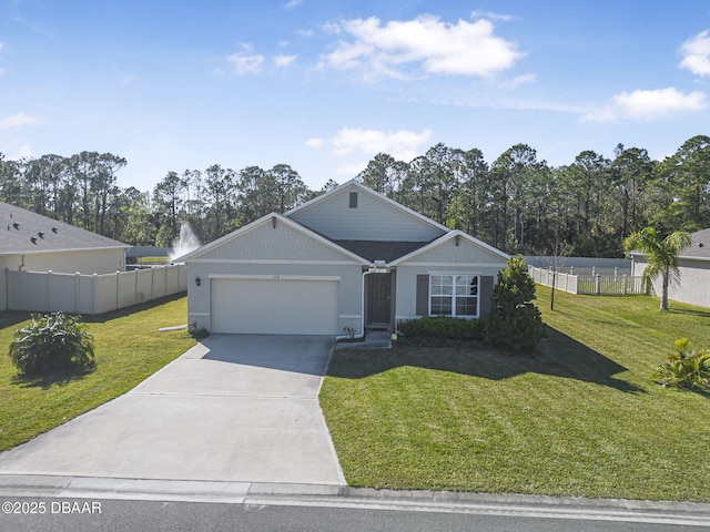 single story home with a front yard, driveway, an attached garage, and fence