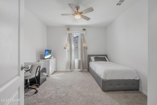 bedroom with carpet, visible vents, a ceiling fan, access to outside, and baseboards