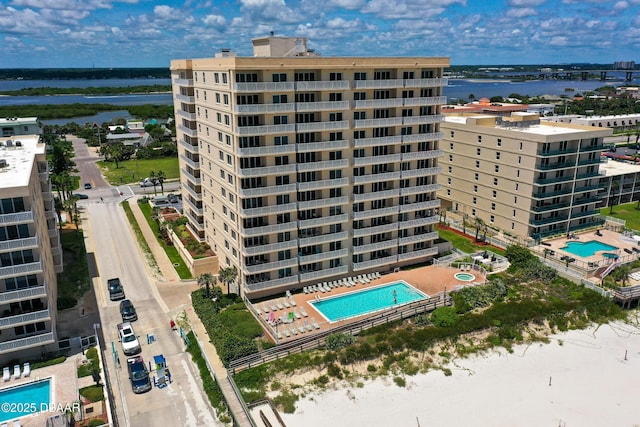 drone / aerial view featuring a water view
