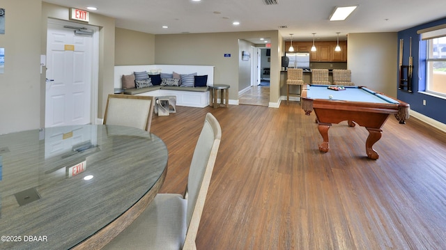 rec room with visible vents, baseboards, wood finished floors, recessed lighting, and pool table