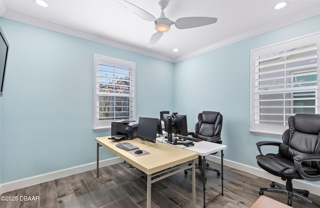 home office featuring crown molding, ceiling fan, and hardwood / wood-style floors