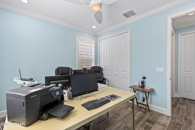 home office featuring hardwood / wood-style flooring, crown molding, and ceiling fan