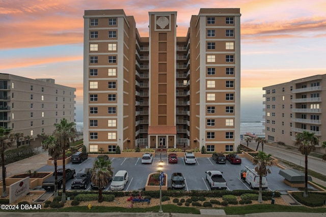 outdoor building at dusk with a water view