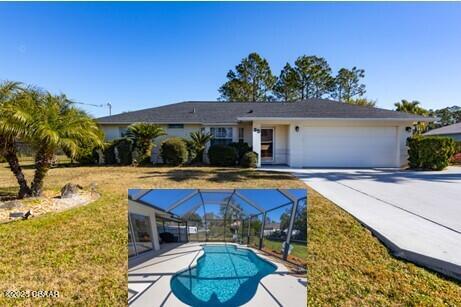 view of swimming pool featuring a yard and a lanai