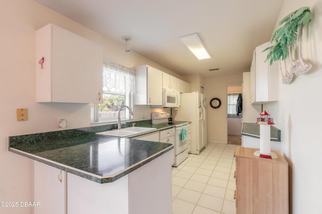 kitchen featuring sink, white cabinetry, light tile patterned floors, kitchen peninsula, and white appliances