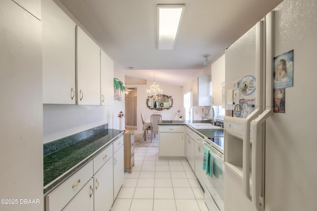 kitchen with white cabinetry, sink, light tile patterned flooring, and white appliances