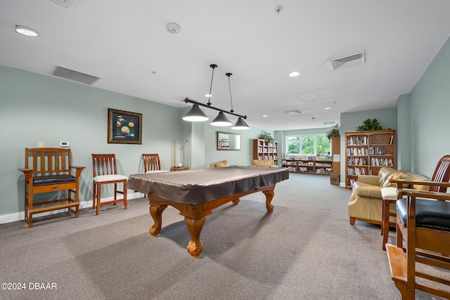 game room with light carpet and billiards